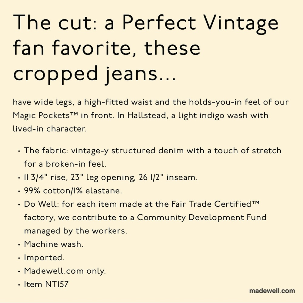Madewell NT157 The Perfect Vintage Wide-Leg Crop Jeans Hallstead Wash (24W) - Picture 6 of 17